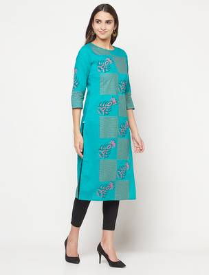 cotton block print straight kurta,turquoise,(s,m,l,xl,2xl,3xl) 3