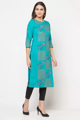 cotton block print straight kurta,turquoise,(s,m,l,xl,2xl,3xl)