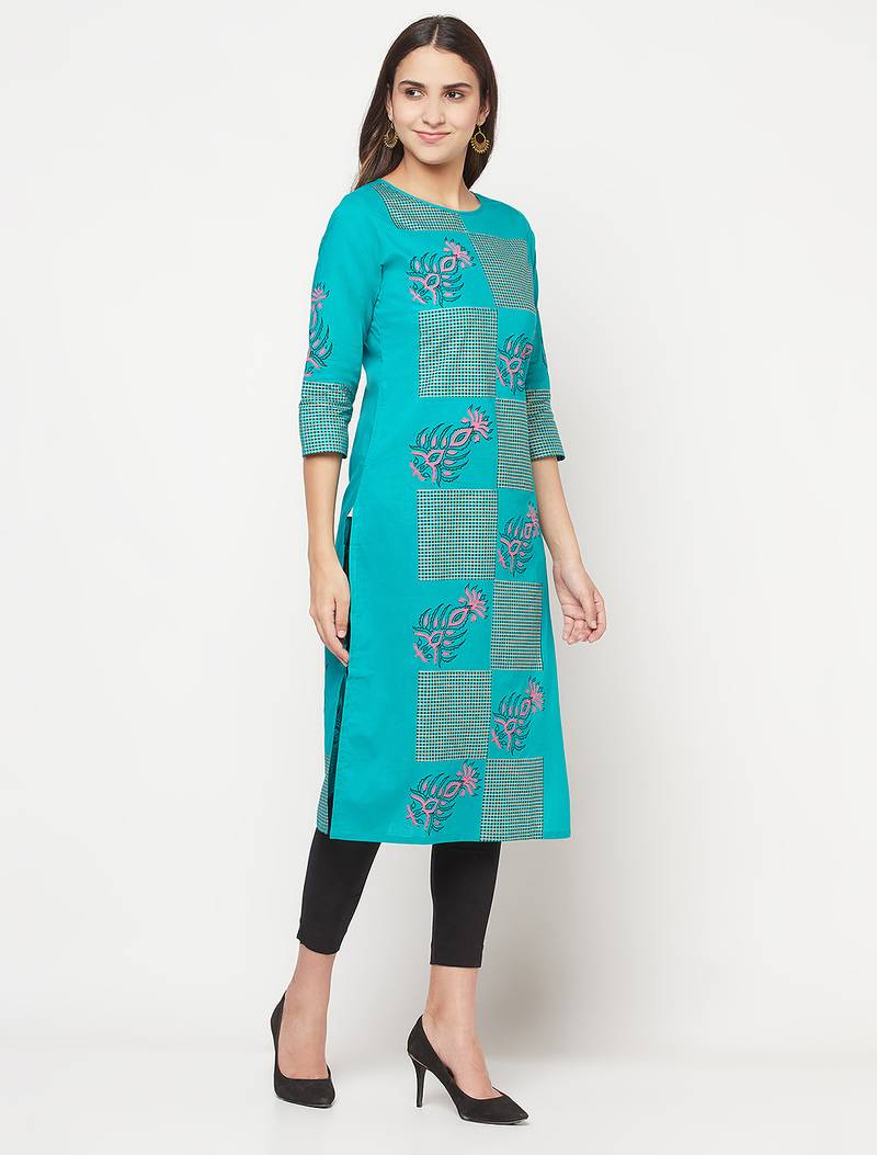 cotton block print straight kurta,turquoise,(s,m,l,xl,2xl,3xl)