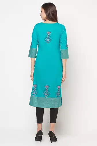 cotton block print straight kurta,turquoise,(s,m,l,xl,2xl,3xl)