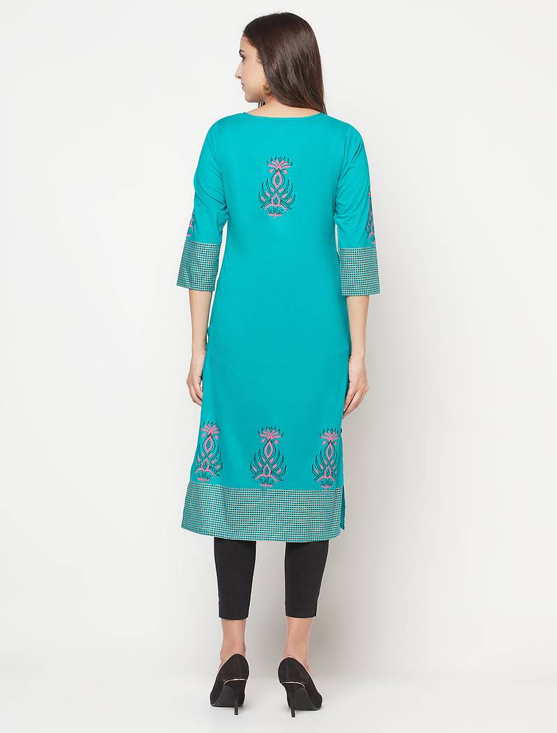 cotton block print straight kurta,turquoise,(s,m,l,xl,2xl,3xl)