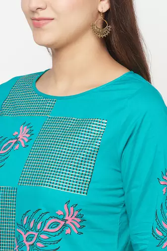 cotton block print straight kurta,turquoise,(s,m,l,xl,2xl,3xl)