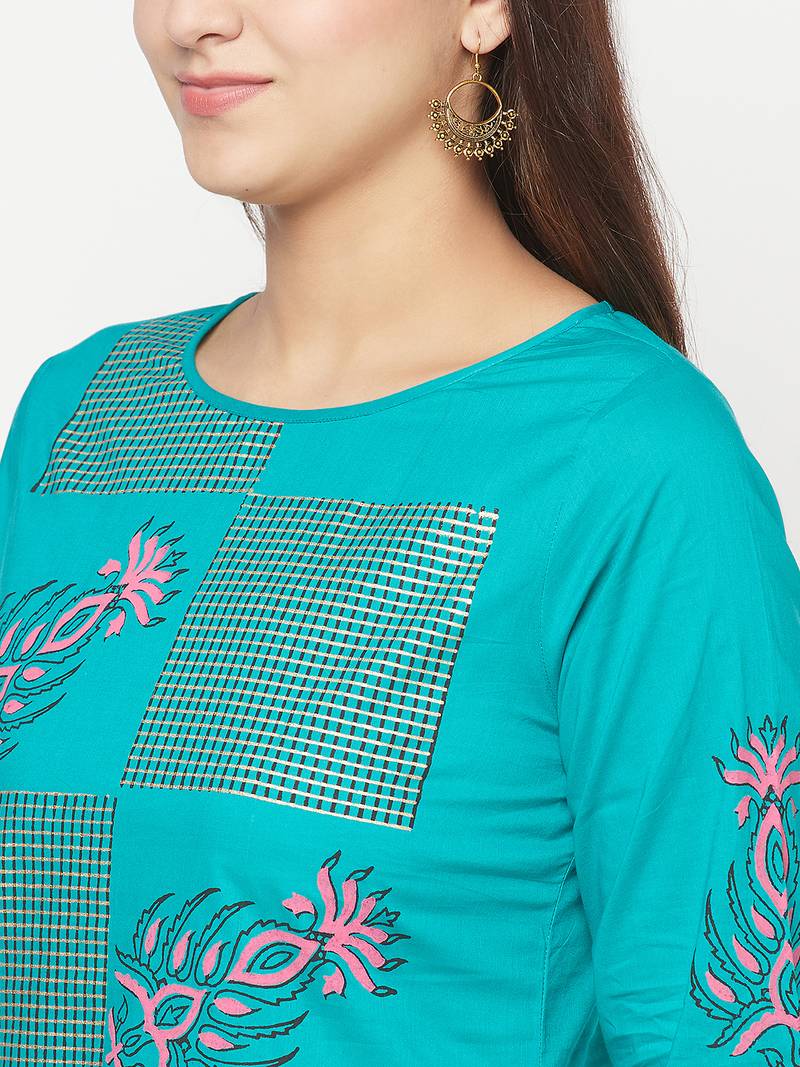 cotton block print straight kurta,turquoise,(s,m,l,xl,2xl,3xl)