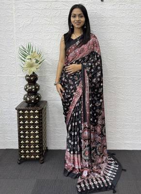 Black Color Mirror Work Satin Saree 1