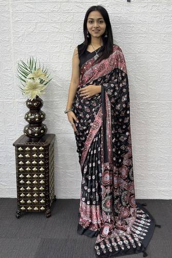 Black Color Mirror Work Satin Saree