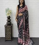Black Color Mirror Work Satin Saree
