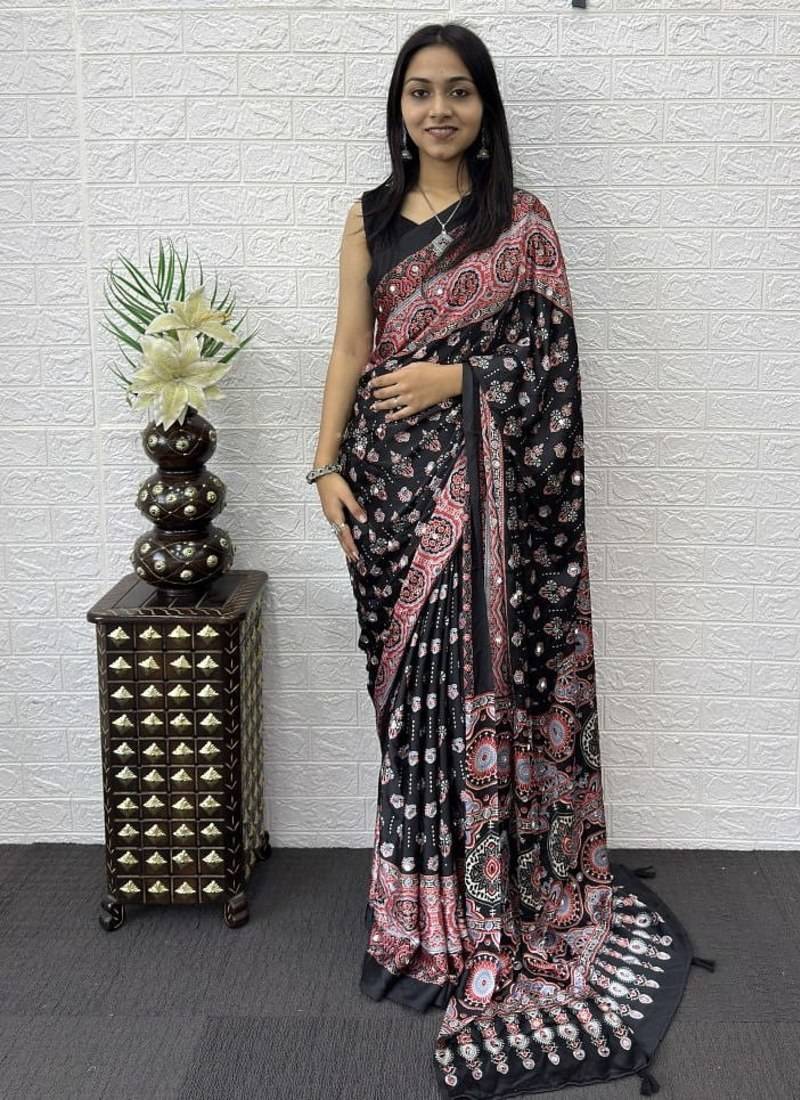 Black Color Mirror Work Satin Saree