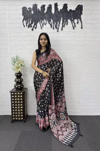 Black Color Mirror Work Satin Saree