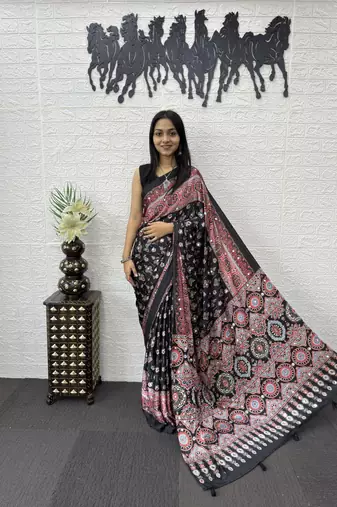 Black Color Mirror Work Satin Saree