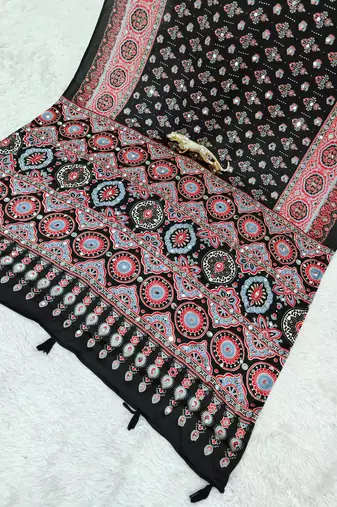 Black Color Mirror Work Satin Saree