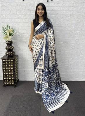 Blue Color Mirror Work Satin Saree 1