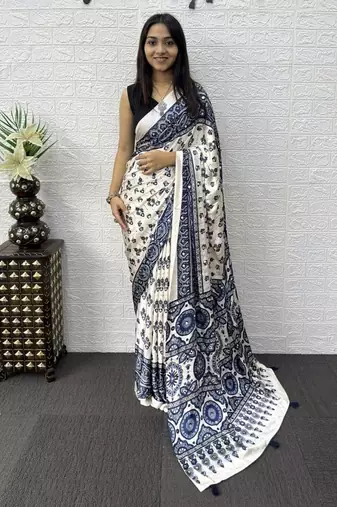 Blue Color Mirror Work Satin Saree