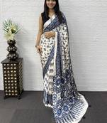 Blue Color Mirror Work Satin Saree