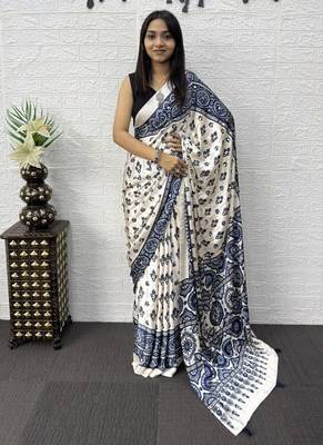 Blue Color Mirror Work Satin Saree 2