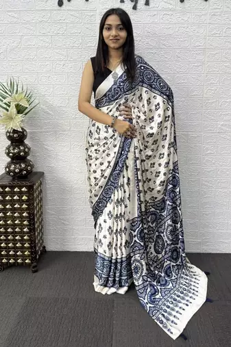 Blue Color Mirror Work Satin Saree