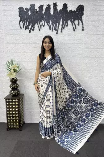 Blue Color Mirror Work Satin Saree