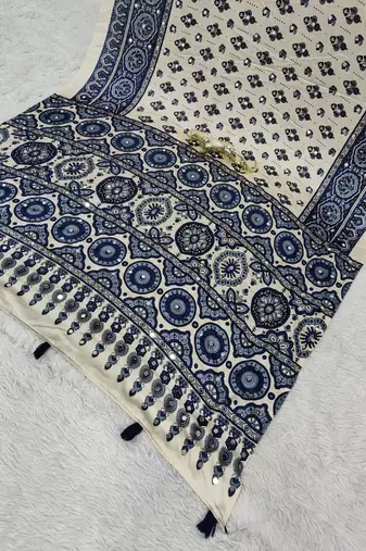 Blue Color Mirror Work Satin Saree