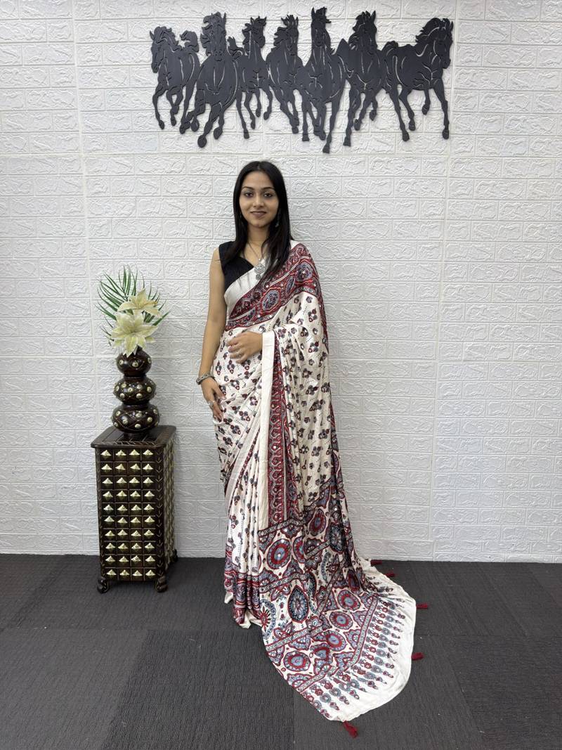 Maroon Color Mirror Work Satin Saree