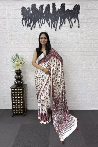 Maroon Color Mirror Work Satin Saree