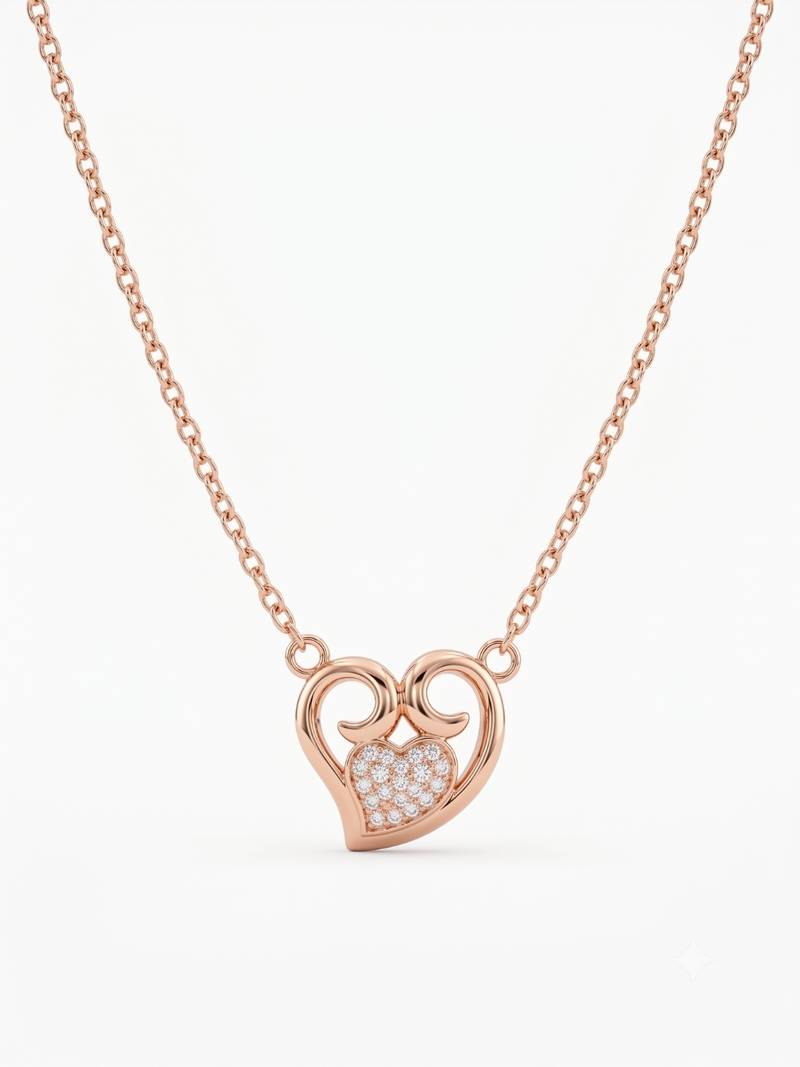 925 Sterling Silver Rose Gold Double Heart Pendant Necklace Set with Cubic Zirconia 