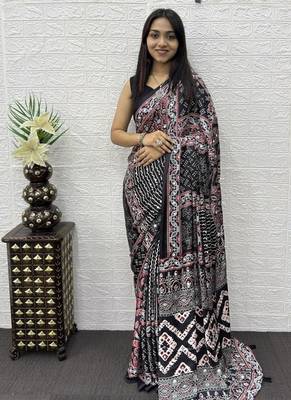 Black Color Mirror Work Satin Saree 1