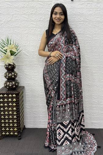 Black Color Mirror Work Satin Saree