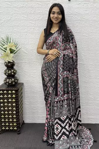 Black Color Mirror Work Satin Saree