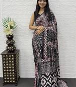 Black Color Mirror Work Satin Saree