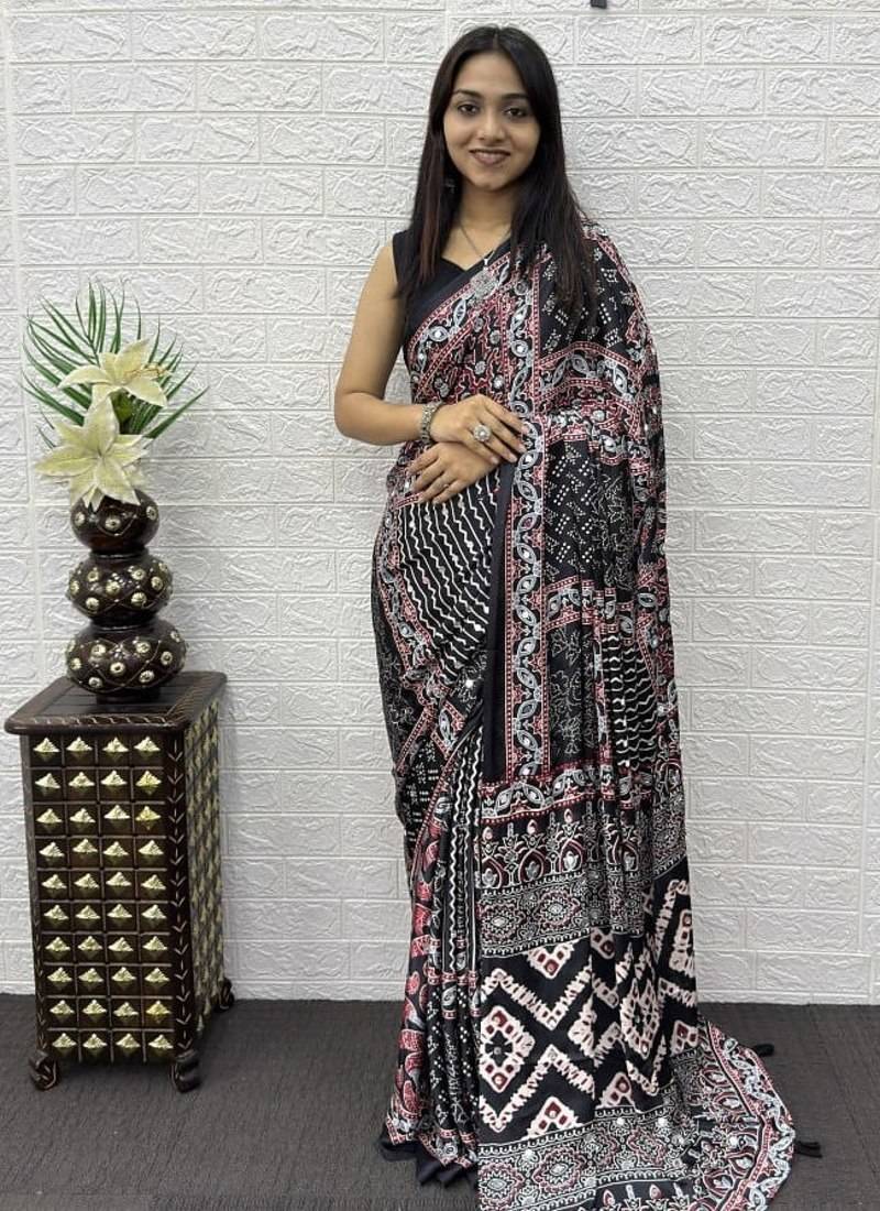 Black Color Mirror Work Satin Saree