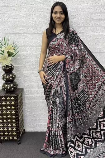 Black Color Mirror Work Satin Saree