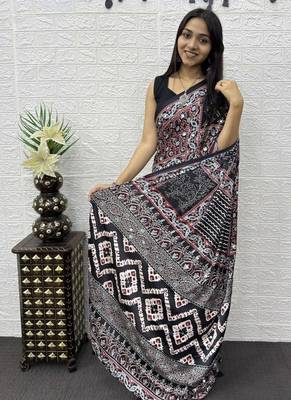 Black Color Mirror Work Satin Saree 3