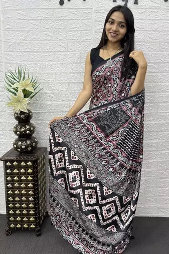 Black Color Mirror Work Satin Saree
