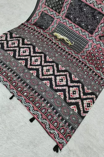 Black Color Mirror Work Satin Saree