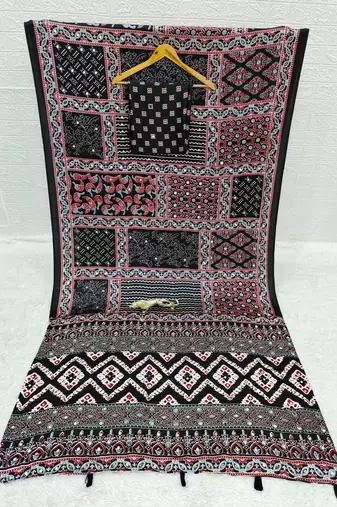 Black Color Mirror Work Satin Saree