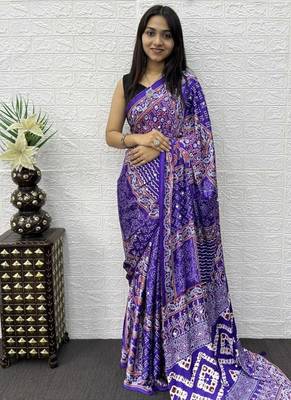 Purple Color Mirror Work Satin Saree 1