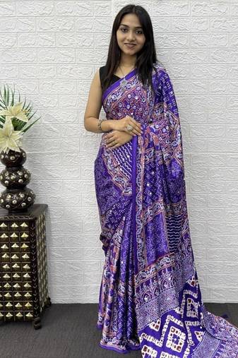 Purple Color Mirror Work Satin Saree