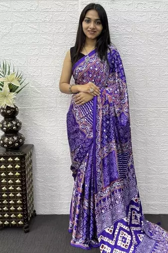 Purple Color Mirror Work Satin Saree