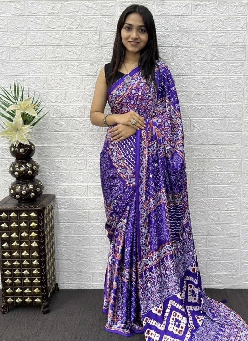 Purple Color Mirror Work Satin Saree