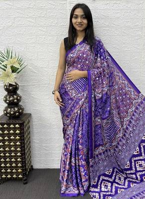 Purple Color Mirror Work Satin Saree 2