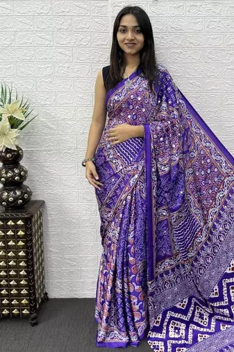 Purple Color Mirror Work Satin Saree