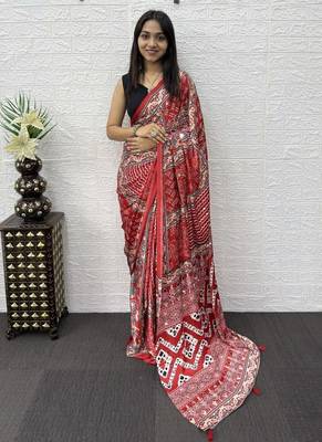 Red Color Mirror Work Satin Saree 1
