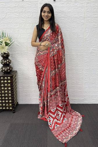 Red Color Mirror Work Satin Saree