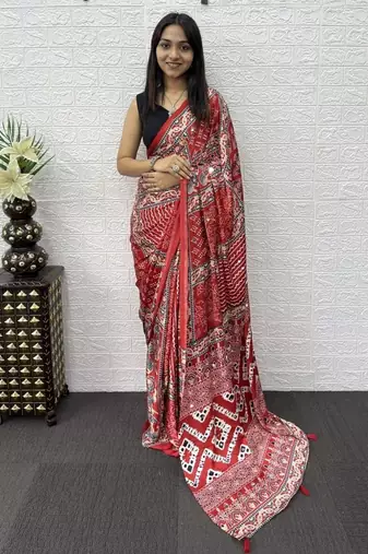 Red Color Mirror Work Satin Saree