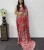 Red Color Mirror Work Satin Saree