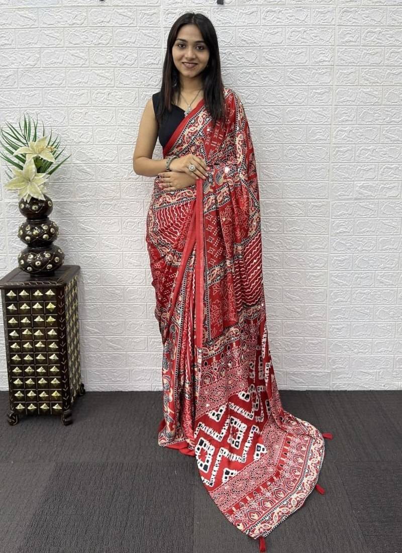 Red Color Mirror Work Satin Saree