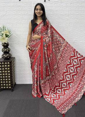 Red Color Mirror Work Satin Saree 2