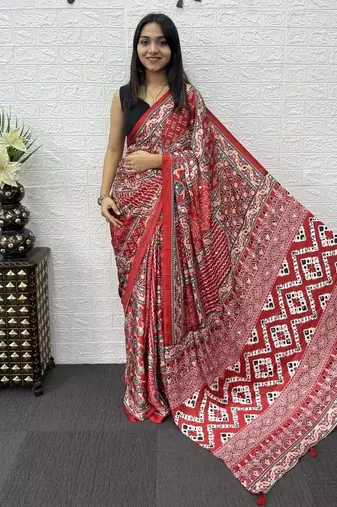 Red Color Mirror Work Satin Saree