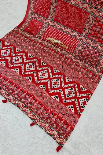 Red Color Mirror Work Satin Saree