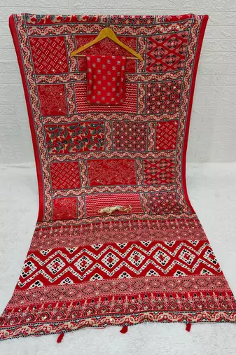 Red Color Mirror Work Satin Saree