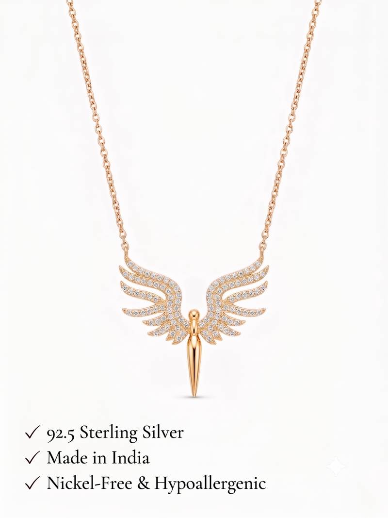925 Sterling Silver Rose Gold Guardian Angel Wings Pendant Necklace Set WithCubic Zirconia